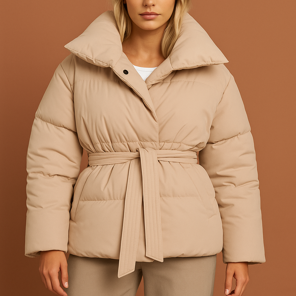 Beige dames pufferjas met moderne uitstraling en comfortabele pasvorm, ideaal voor herfst en winter.