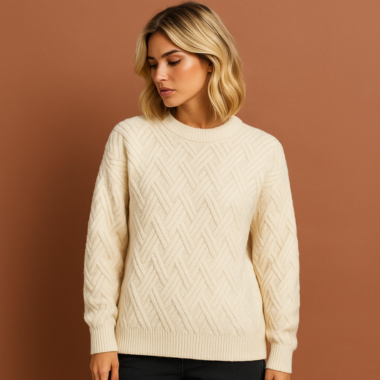 Beige damestrui met stijlvolle pasvorm en moderne uitstraling, ideaal voor koude dagen en casual outfits.