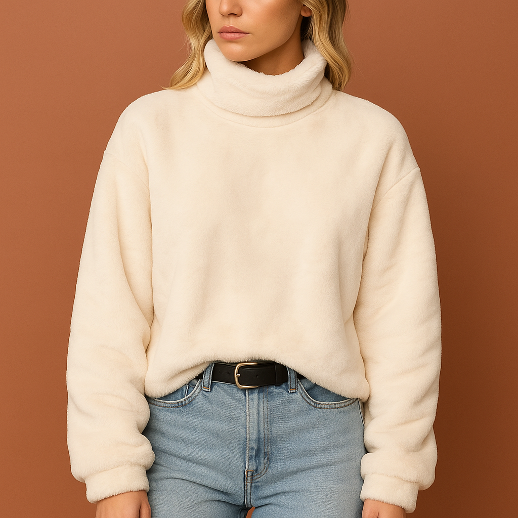 Beige zachte dames coltrui met fluffy structuur en hoge kraag, ideaal voor warmte en stijlvolle winterlooks