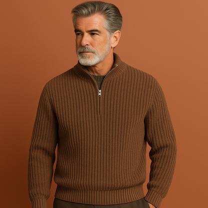 Zip pullover trui voor heren in beige kleur, ideaal voor koude dagen en casual outfits.