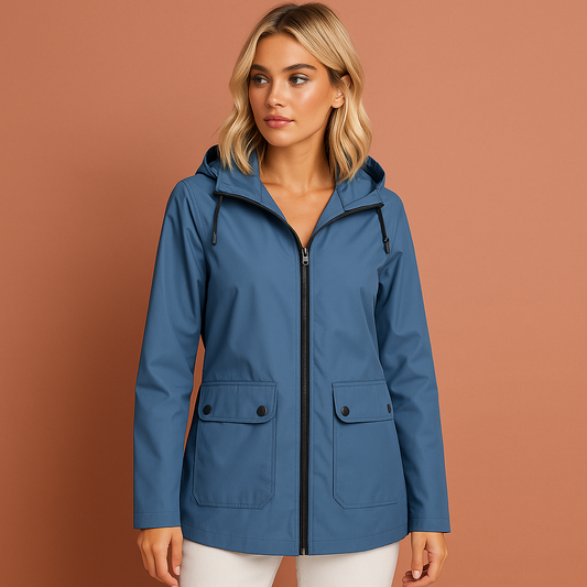 Dames waterdichte jas in blauw met capuchon, stijlvol en comfortabel voor regenachtige dagen.