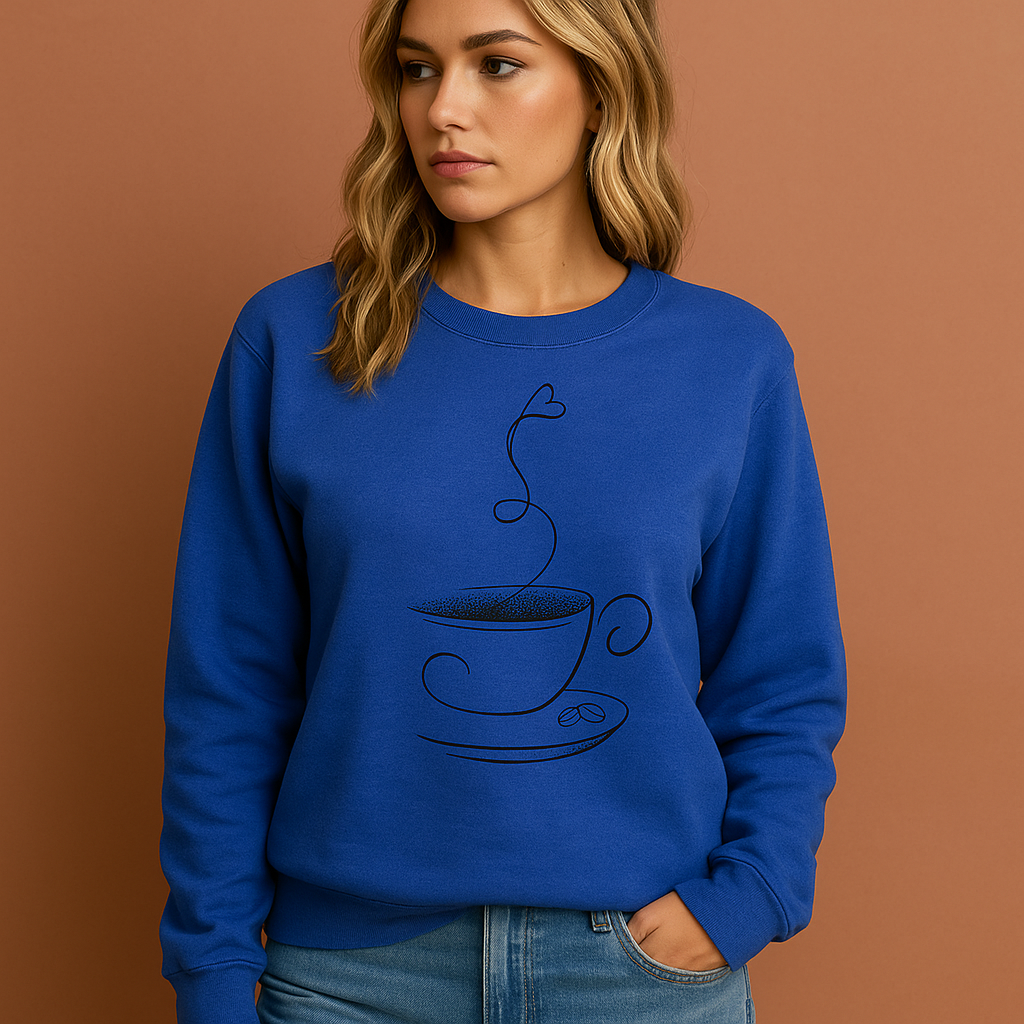 Blauw grafisch koffie-sweatshirt voor dames met ontspannen pasvorm, ideaal voor casual outfits en dagelijkse momenten.