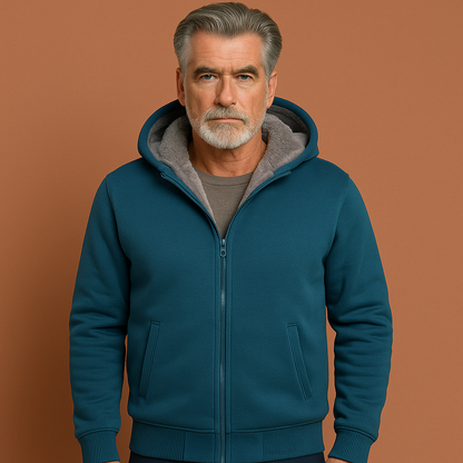 Blauw warm heren wintervest met capuchon en zachte binnenvoering, ideaal voor koude dagen en casual gebruik.