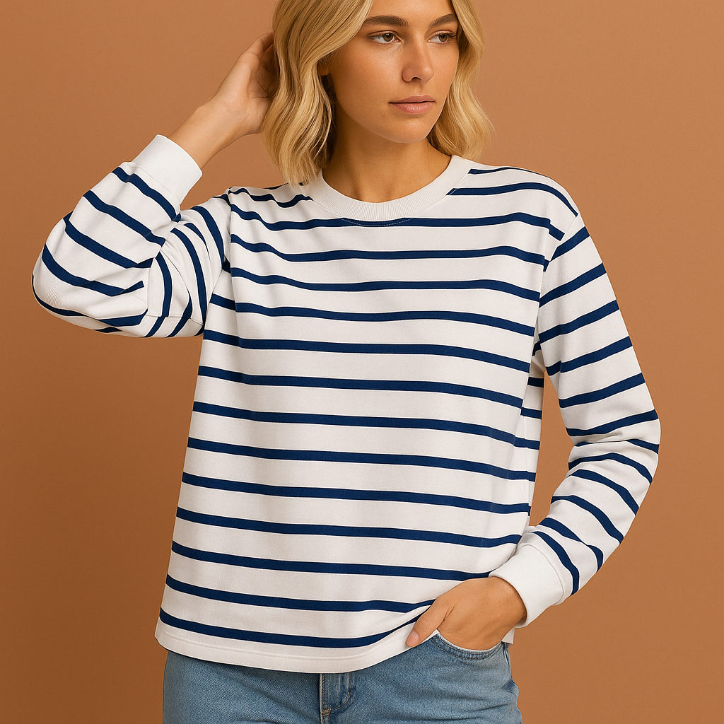 Blauw wit dames sweatshirt met strepen en comfortabele pasvorm, ideaal voor casual outfits en dagelijks gebruik.