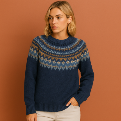 Damestrui in blauw met Scandinavisch patroon, zacht en comfortabel voor casual en stijlvolle winteroutfits.