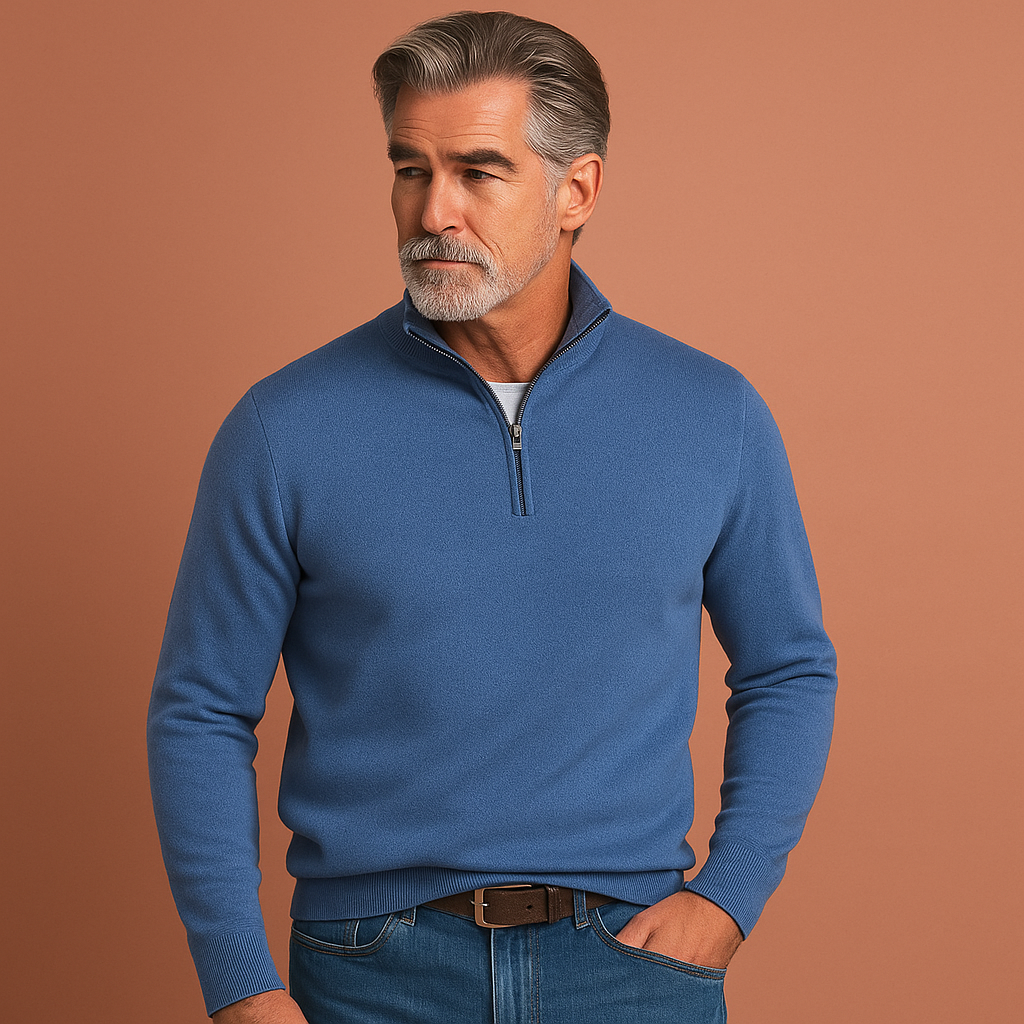 Blauwe heren trui met V-hals en ritssluiting, stijlvol en comfortabel voor werk en vrije tijd.
