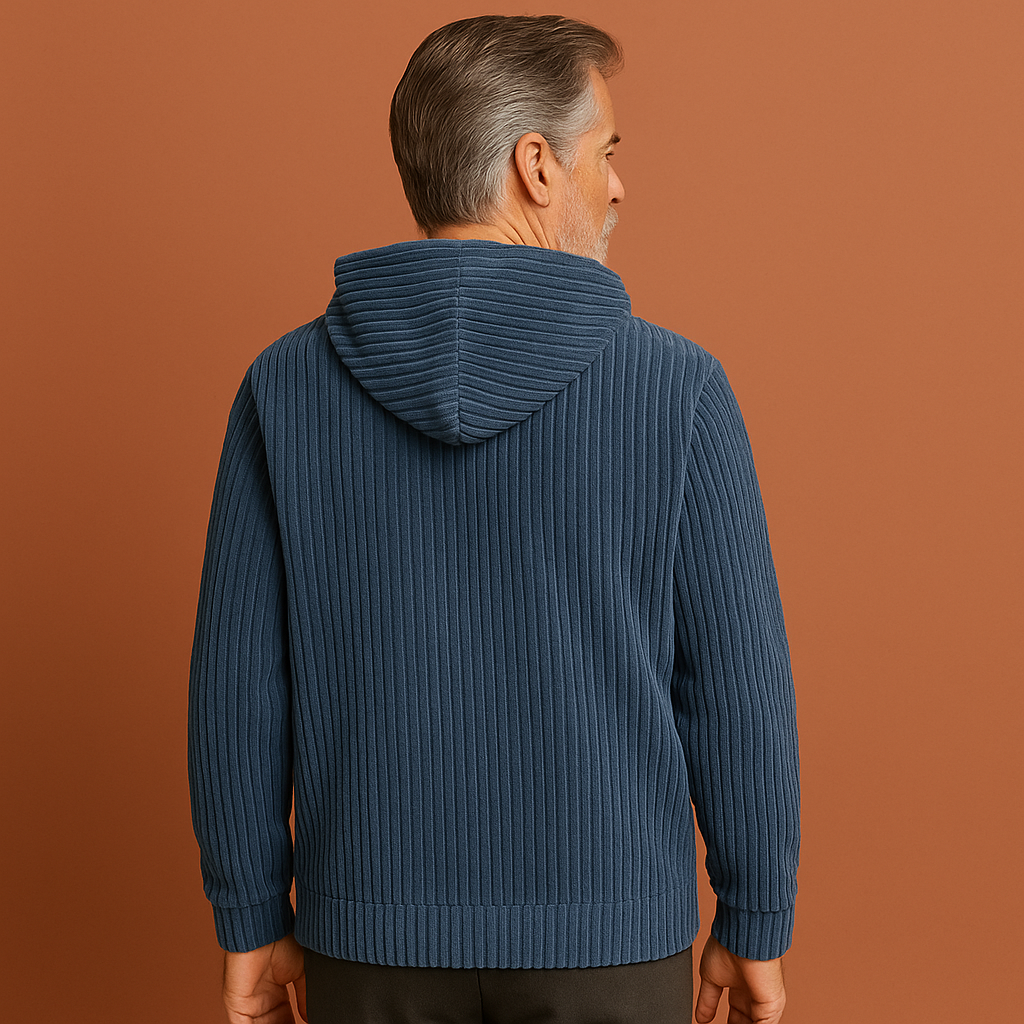 Blauwe corduroy hoodie voor heren met relaxte pasvorm en modern design, ideaal voor casual outfits.