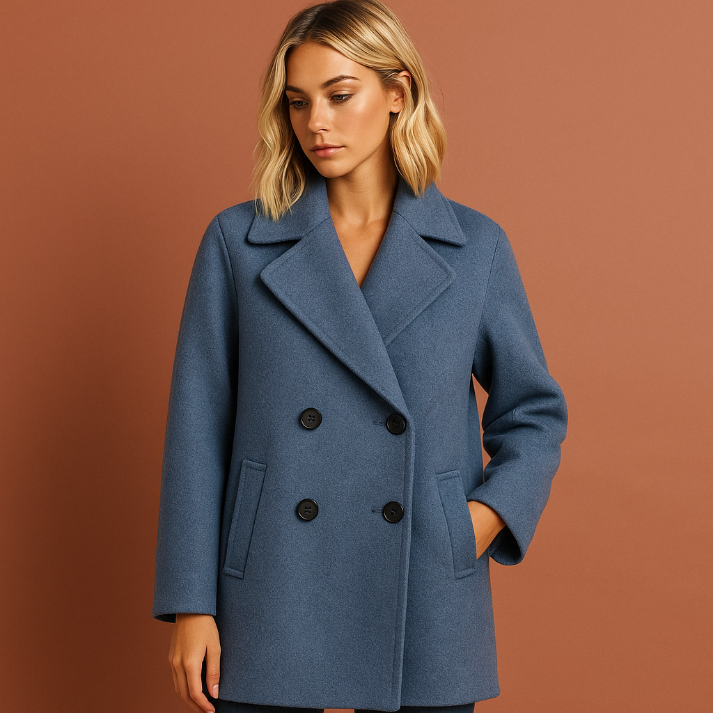 Lange damesjas in blauw met dubbele knopen en omvouwkraag, stijlvol en comfortabel voor herfst en winter.