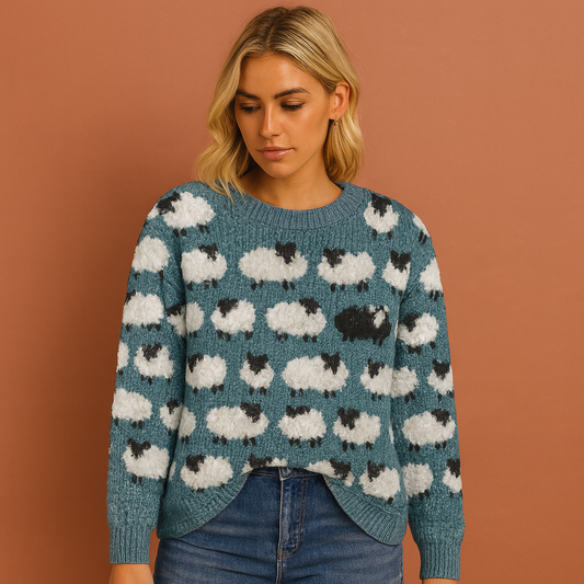 Dames retro gebreide trui in blauw met speels schapenpatroon, warm en comfortabel voor casual en stijlvolle outfits.