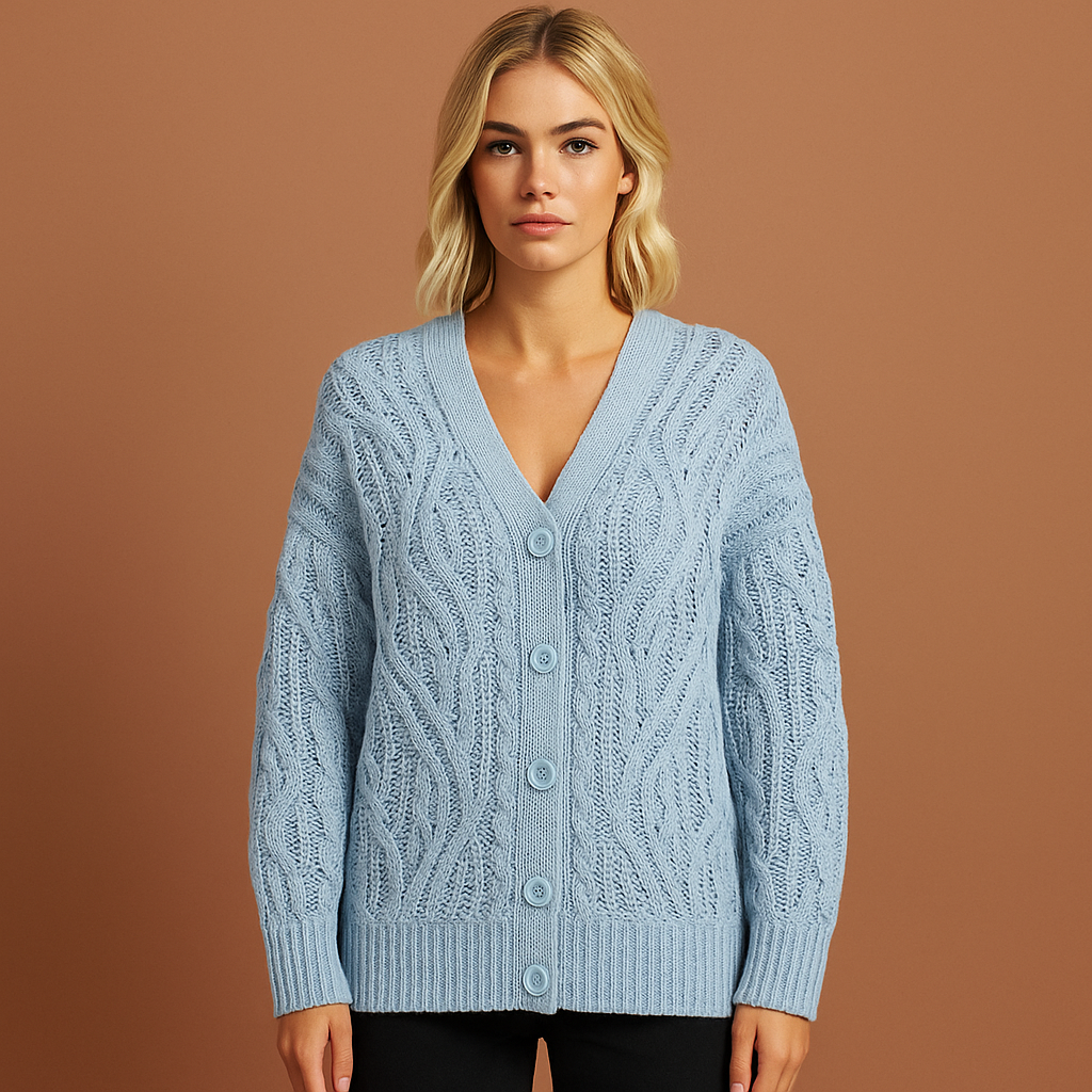 Blauwe V-hals trui voor dames met stijlvolle pasvorm en zachte textuur, ideaal voor casual en chique outfits.