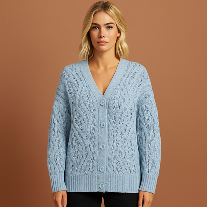 Blauwe V-hals trui voor dames met stijlvolle pasvorm en zachte textuur, ideaal voor casual en chique outfits.