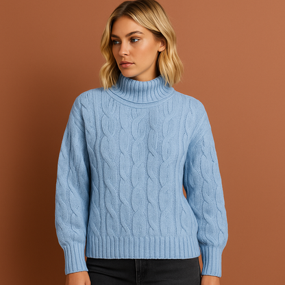 Blauwe gebreide damestrui met elegante pasvorm, perfect voor stijlvolle herfst- en winterlooks.