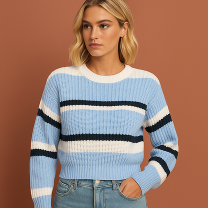 Blauwe gestreepte damestrui met comfortabele pasvorm, ideaal voor casual outfits en herfstlooks.