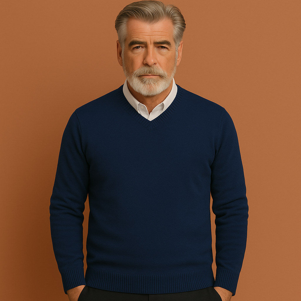 Blauwe heren trui met V-hals en comfortabele pasvorm, ideaal voor dagelijks gebruik en nette outfits.