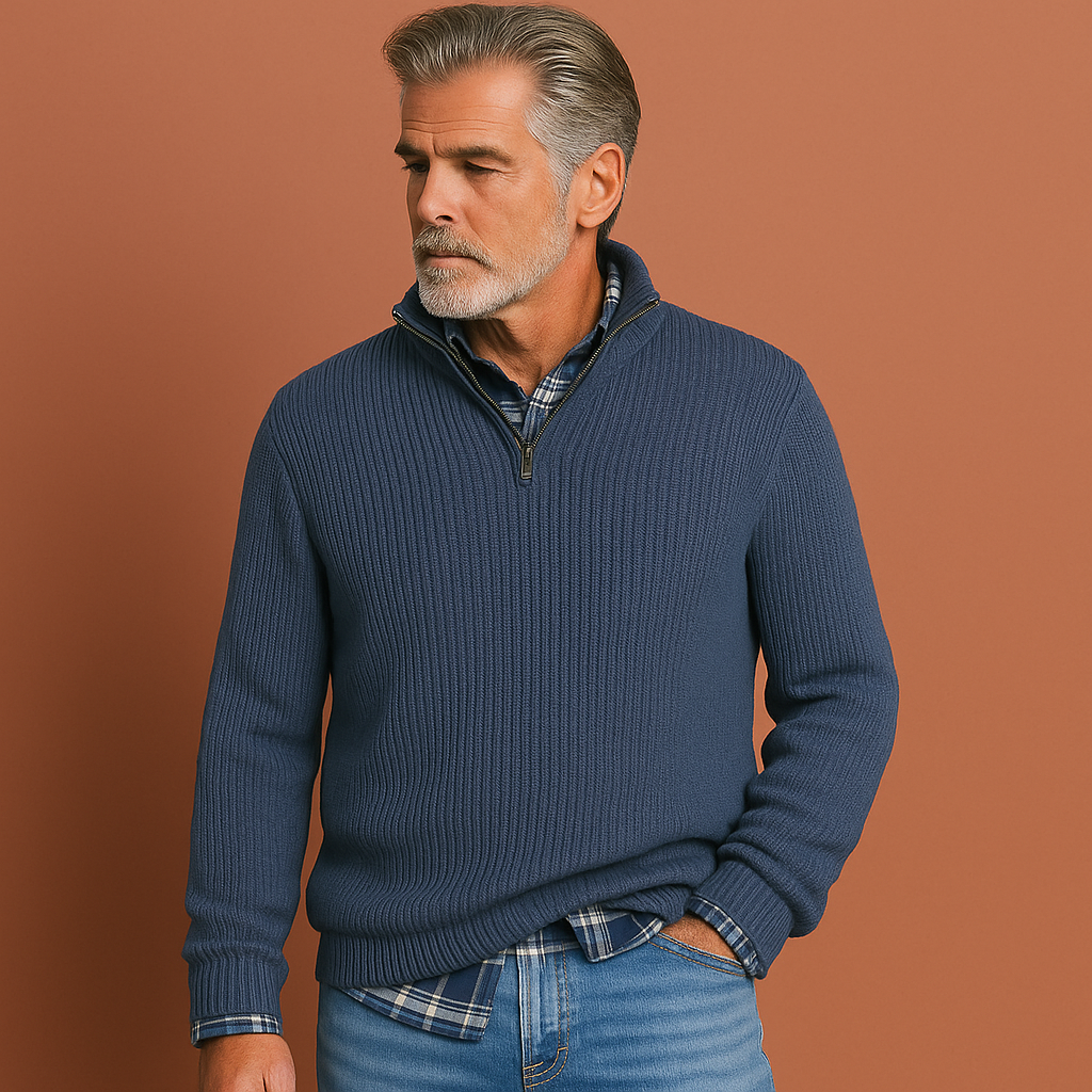 Heren trui in blauw met ritssluiting, zacht en comfortabel voor stijlvolle en casual outfits.