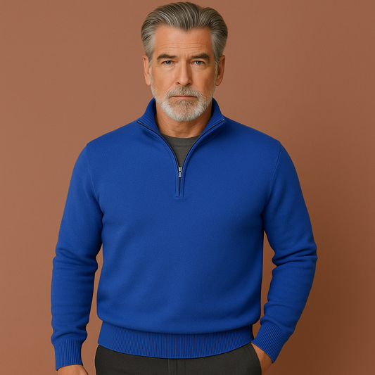 Herentrui in blauw met kwartritssluiting, zacht en comfortabel voor casual en stijlvolle outfits.