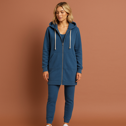 Blauwe knielange zip-up hoodie voor dames met comfortabele pasvorm, ideaal voor casual outfits en koude dagen.