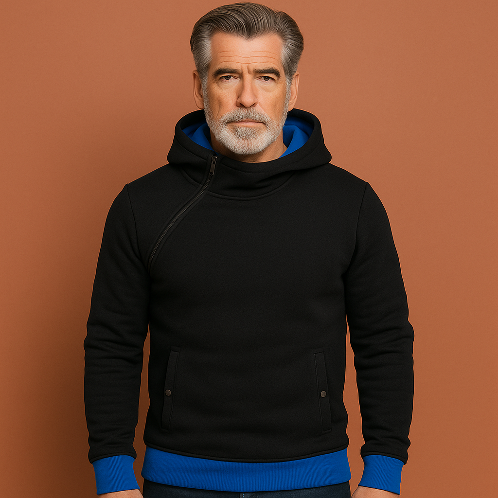Slim-fit hoodie voor heren in blauwe kleur met contrasterende details, ideaal voor casual en sportieve outfits.