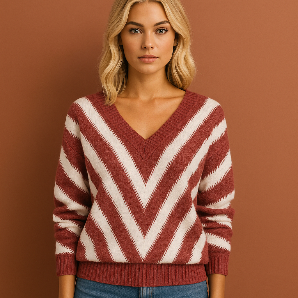 Dames trui in bordeaux rood met retrodesign, zacht en comfortabel voor casual en stijlvolle outfits.