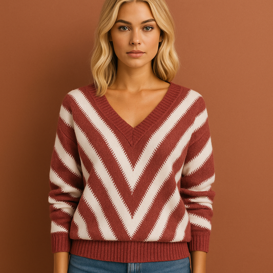 Dames trui in bordeaux rood met retrodesign, zacht en comfortabel voor casual en stijlvolle outfits.