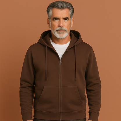 Bruin comfortabel heren vest met volledige rits en capuchon, ideaal voor frisse herfstdagen en casual outfits.