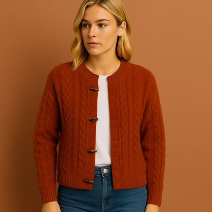 Bruin damesvest met retro design en elegante uitstraling, ideaal voor casual en stijlvolle outfits.