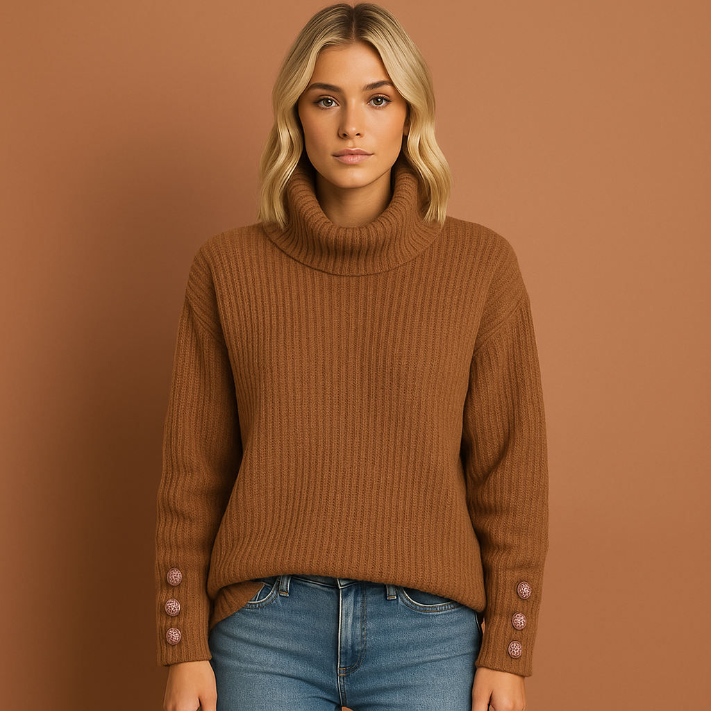 Bruine dames coltrui met comfortabele pasvorm en hoge kraag, perfect voor herfst en winter.