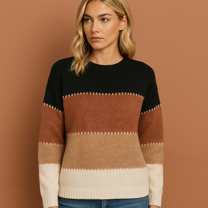 Dames trui in bruin met elegante pasvorm, comfortabel en tijdloos voor koude dagen.