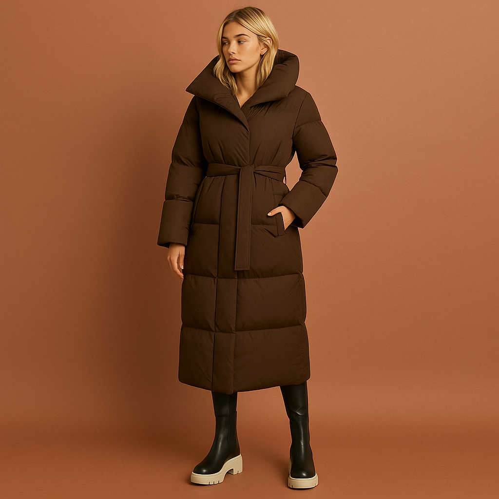 Dames winterjas in bruin met elegante pasvorm, warm en comfortabel voor herfst en winter.