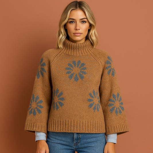 Dames gebreide trui in bruin met bloemenpatroon, warm en comfortabel voor casual en stijlvolle winteroutfits.