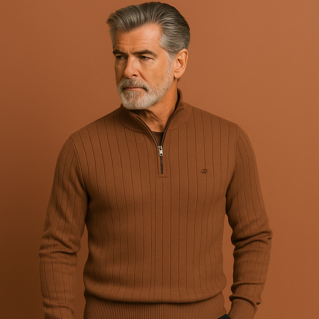 Bruin gebreide zip-up trui voor heren met warm ontwerp en klassiek model, ideaal voor koude dagen en casual outfits.