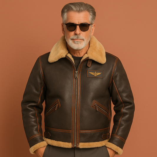 Heren aviator jas in bruin met warme voering en klassieke kraag, stijlvol en comfortabel voor koude winterdagen.