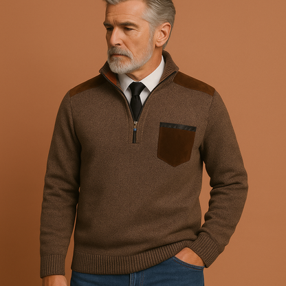 Heren pullover trui in bruin met kraag en borstzak, warm en comfortabel voor casual en stijlvolle outfits.