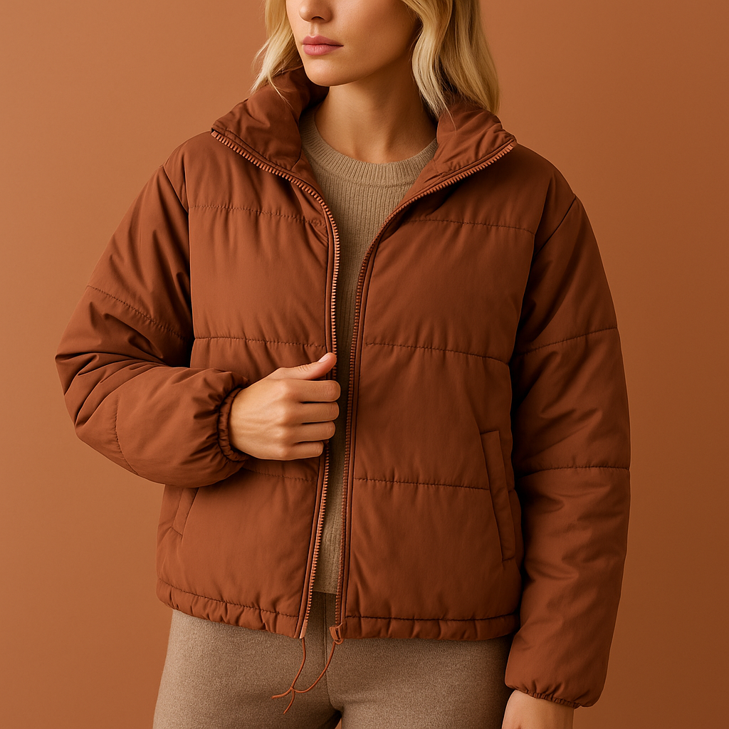 Bruine dames jas met oversized pasvorm en gewatteerde afwerking, perfect voor koude dagen en stijlvolle outfits.