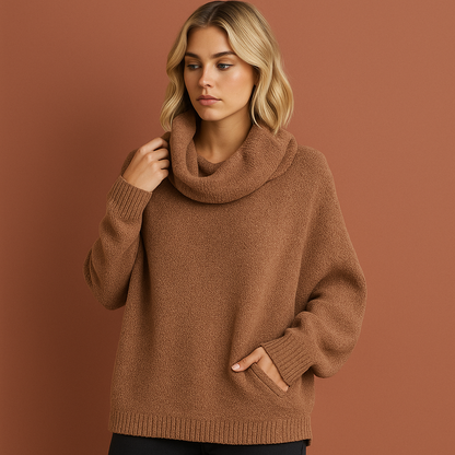 Bruine dames coltrui met elegante pasvorm en tijdloze uitstraling, perfect voor koude dagen en stijlvolle outfits.