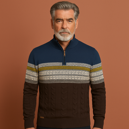 Heren trui in denimblauw met Noors patroon en ritssluiting, warm en comfortabel voor casual winterlooks.