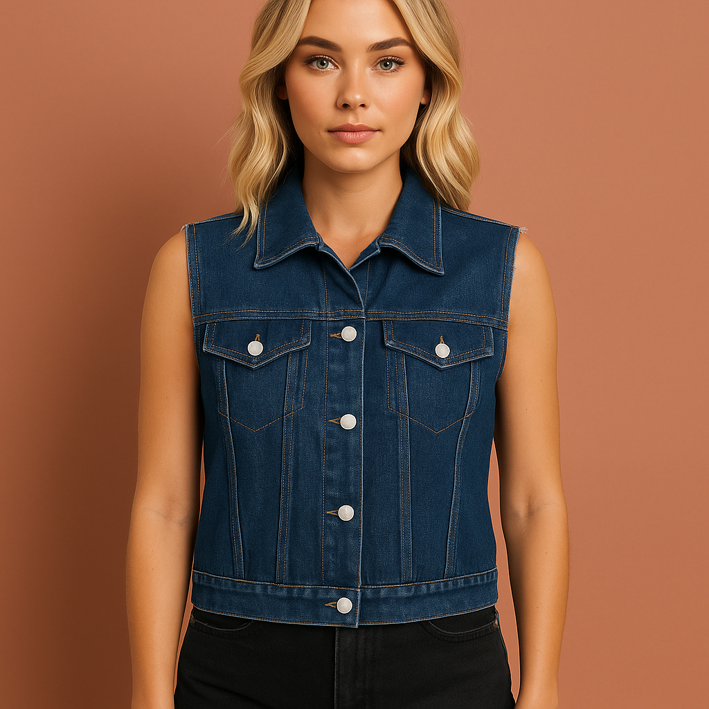 Dames denim vest in donkerblauw zonder mouwen met zakken, stijlvol en comfortabel voor casual lente- en zomerlooks.