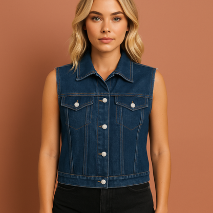 Dames denim vest in donkerblauw zonder mouwen met zakken, stijlvol en comfortabel voor casual lente- en zomerlooks.