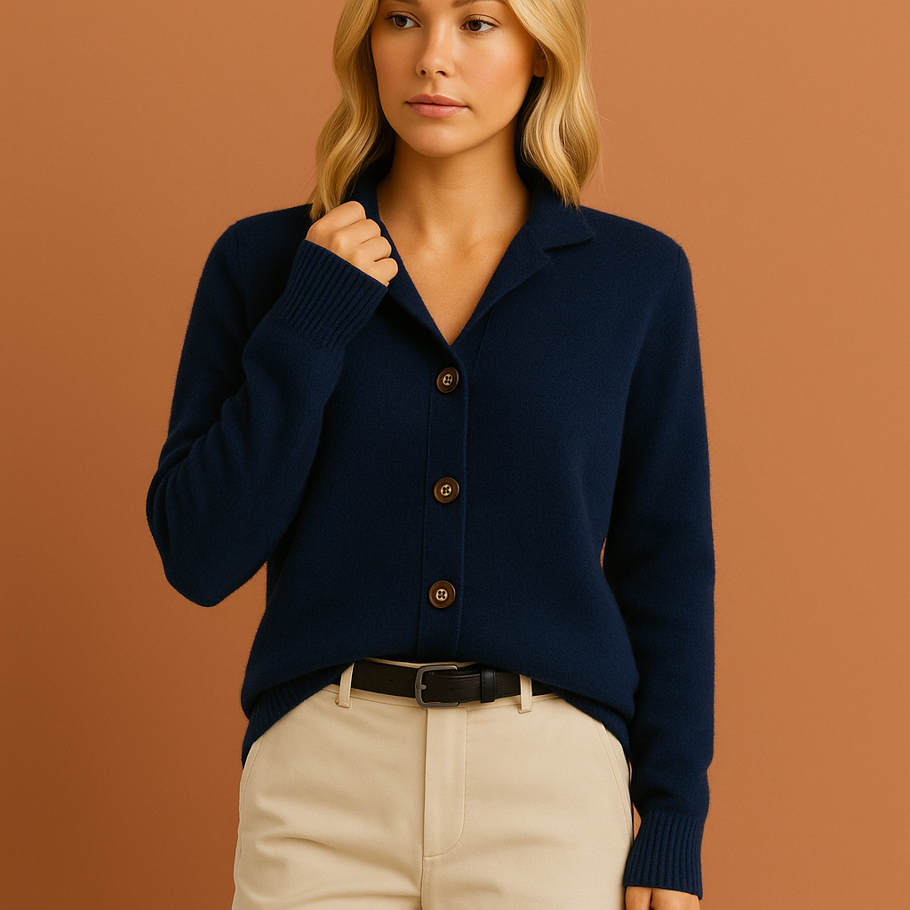 Dames vest in donkerblauw met gebreid design, zacht en comfortabel voor casual en stijlvolle outfits.