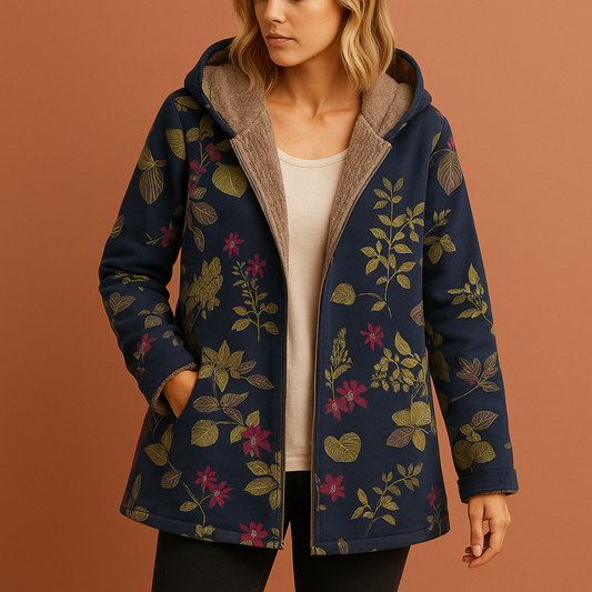 Dames tussenjas in donkerblauw met bloemenprint en zakken, zacht en comfortabel voor casual en stijlvolle outfits.