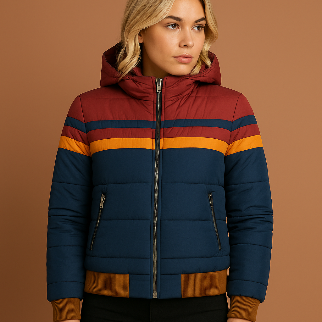 Donkerblauwe retro dames winterjas met gewatteerde structuur en hoge kraag, warm en comfortabel voor koude dagen en stijlvolle outfits.