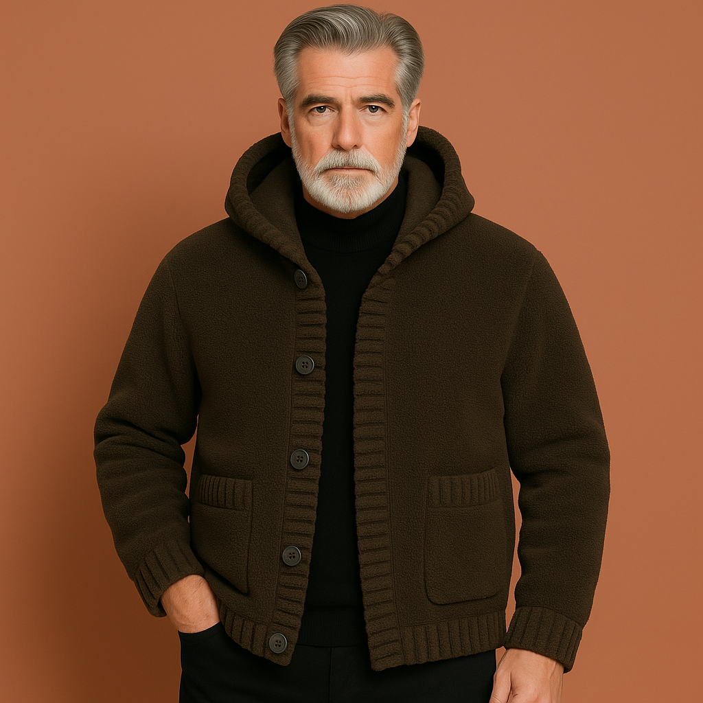 Donkerbruine gebreide hoodie jas voor heren met moderne pasvorm en capuchon, ideaal voor koude dagen en casual outfits.