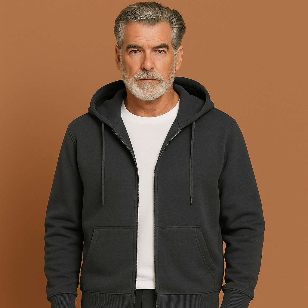 Donkergrijs comfortabel heren vest met volledige rits en capuchon, ideaal voor frisse herfstdagen en casual outfits.