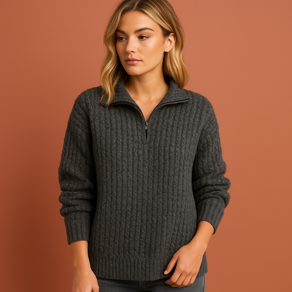 Donkergrijze damestrui met half-zip en hoge kraag, stijlvolle pasvorm perfect voor casual en elegante outfits.