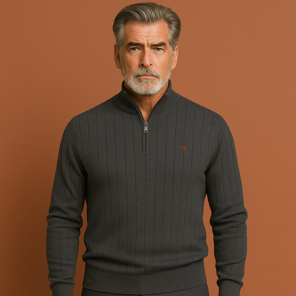 Donkergrijs gebreide zip-up trui voor heren met warm ontwerp en klassiek model, ideaal voor koude dagen en casual outfits.