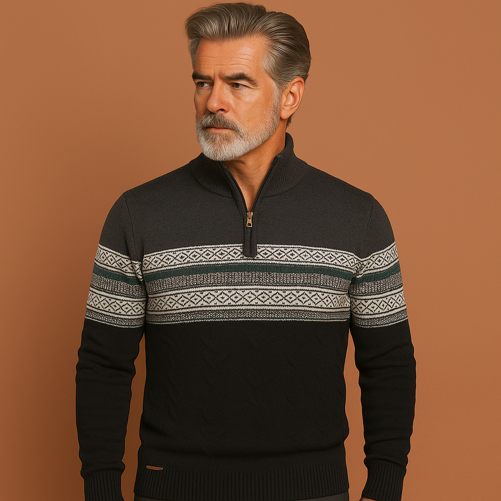 Heren trui in donkergrijs met Noors patroon en ritssluiting, warm en comfortabel voor casual winterlooks.