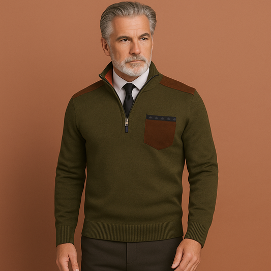 Heren pullover trui in Donkergroen met kraag en borstzak, warm en comfortabel voor casual en stijlvolle outfits.