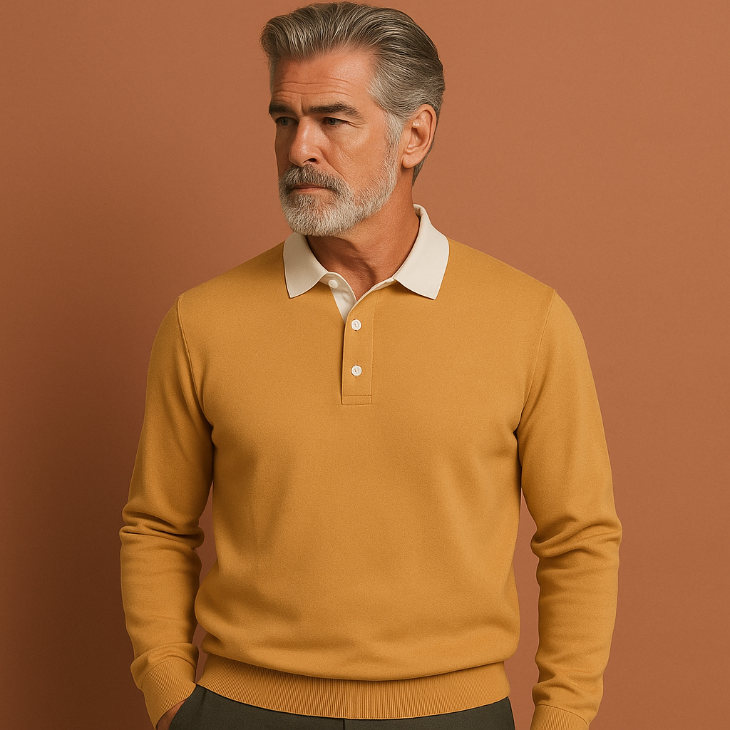 Gele herensweater met moderne pasvorm en tijdloos design, ideaal voor dagelijks gebruik en casual outfits.