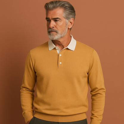 Gele herensweater met moderne pasvorm en tijdloos design, ideaal voor dagelijks gebruik en casual outfits.