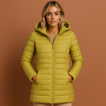 Dames gewatteerde jas in geel met afneembare capuchon, licht en vrolijk voor frisse dagen.